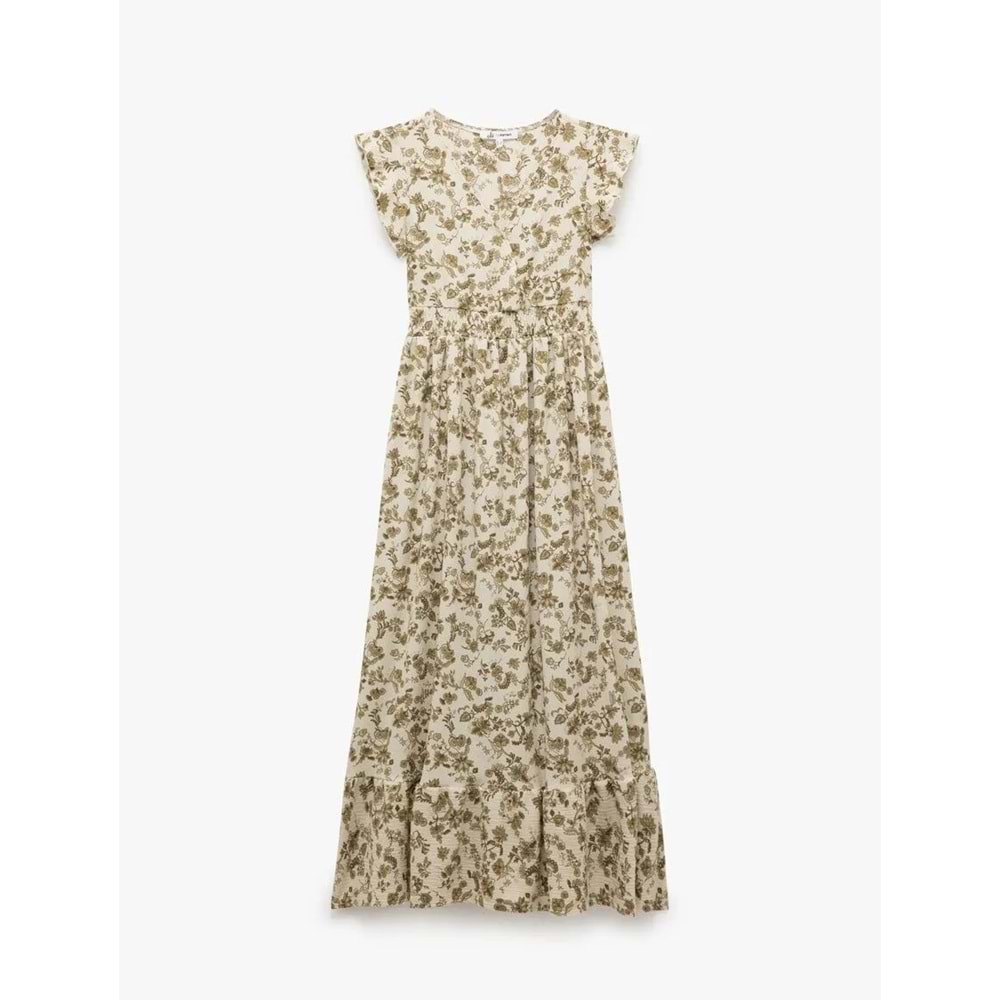 Kelebek Kol V Yaka Çiçekli Gipeli Volanlı Uzun Elbise 5SAL80043IK - KOTON - HAKİ DESENLİ - L