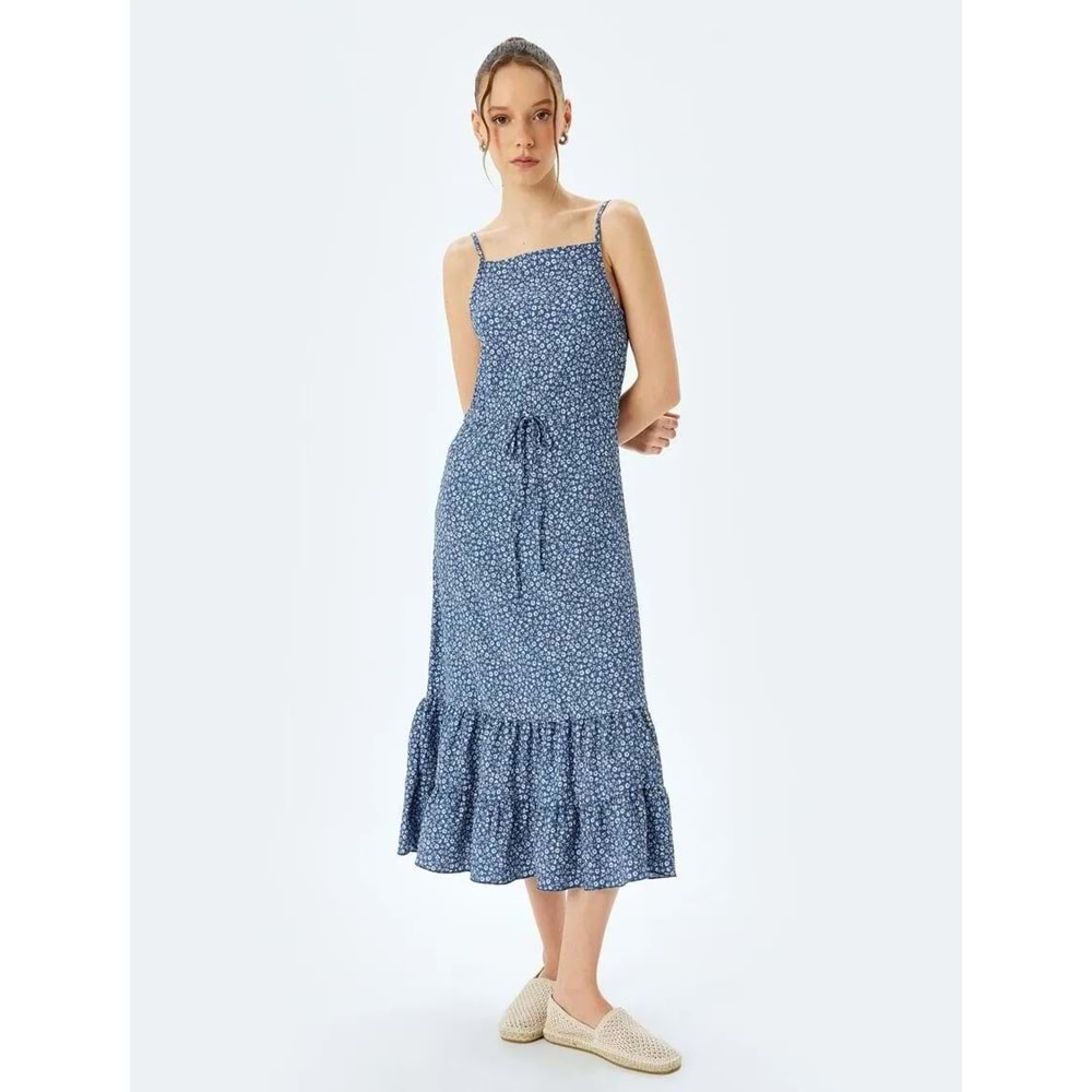 İp Askılı Çiçek Desenli Volanlı Beli Bağcıklı Midi Elbise 5SAL80072IK