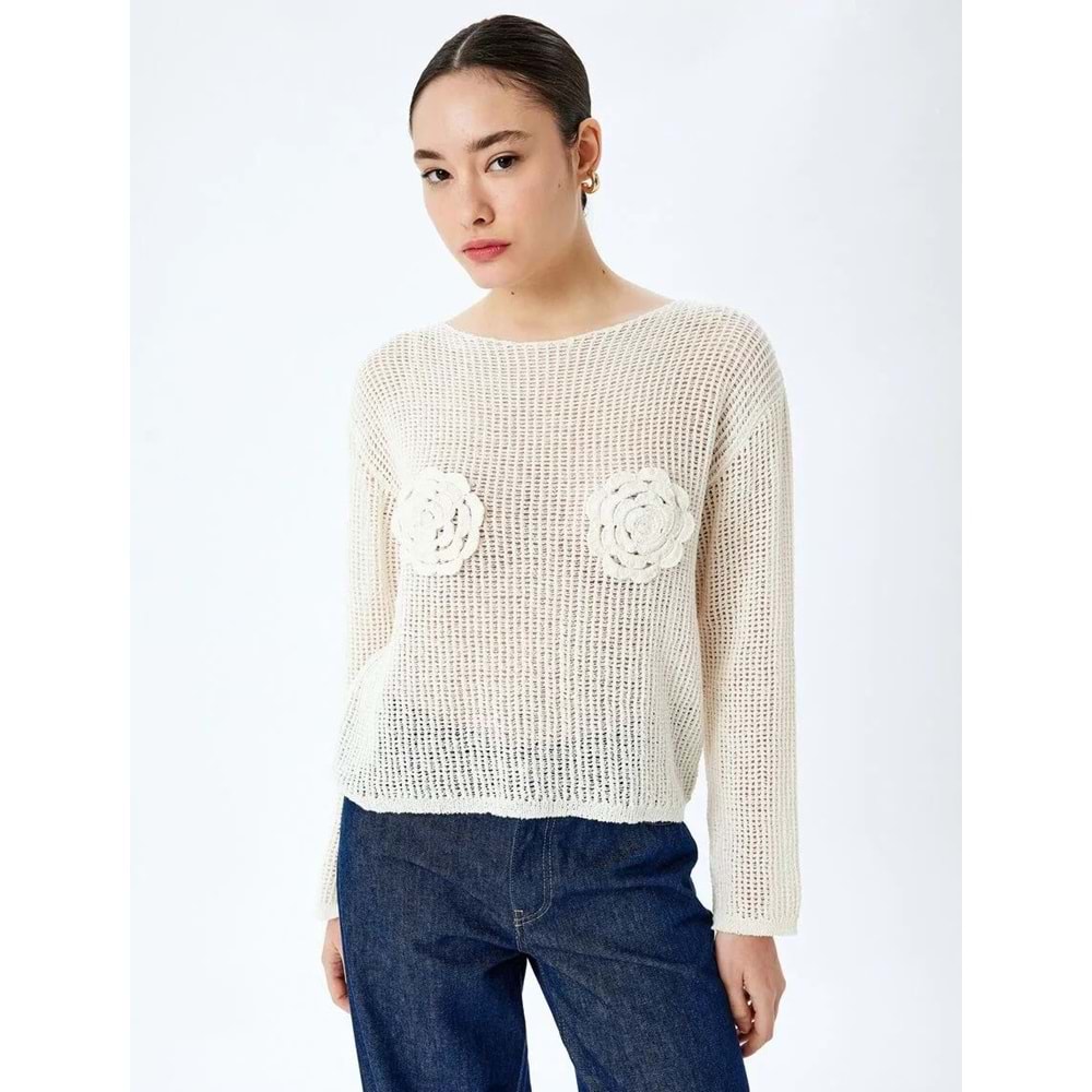 Ajurlu Aplike Çiçek Detaylı Uzun Kollu Triko Kazak 5SAL90003HT