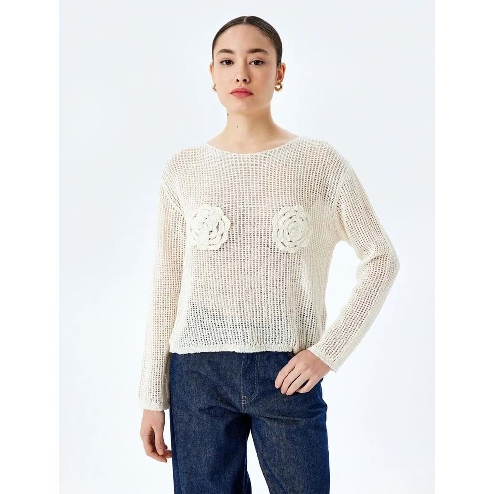 Ajurlu Aplike Çiçek Detaylı Uzun Kollu Triko Kazak 5SAL90003HT