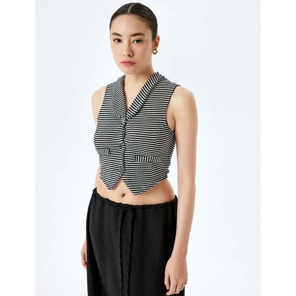 V Yaka Düğmeli Slim Fit Crop Triko Yelek 5SAL90013IK - KOTON - SİYAH ÇİZGİLİ - L