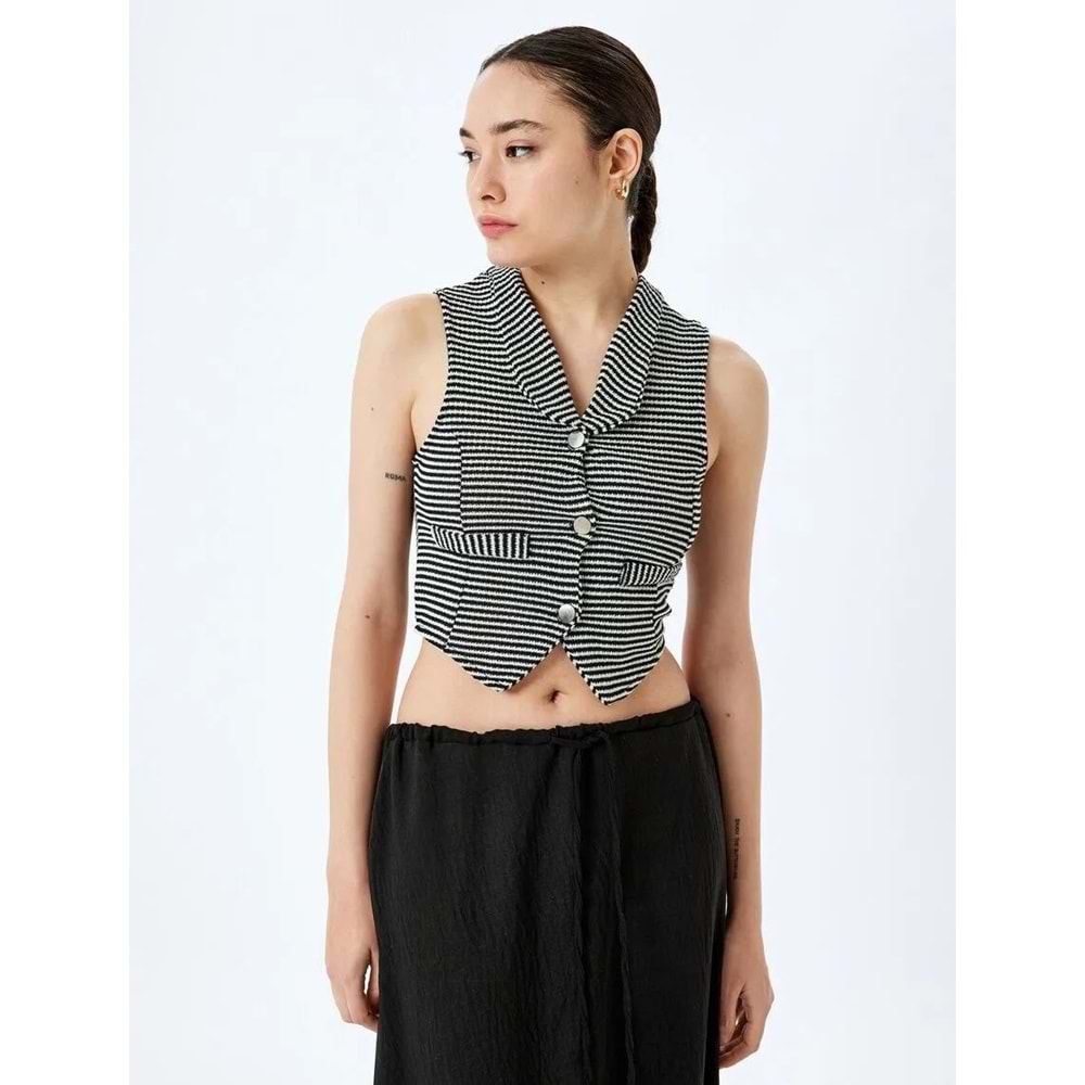 V Yaka Düğmeli Slim Fit Crop Triko Yelek 5SAL90013IK - KOTON - SİYAH ÇİZGİLİ - L