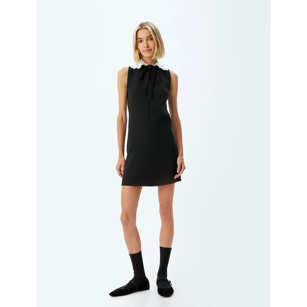 Kolsuz Dantel Bebe Yaka Mini Elbise 5WAK80018UW - KOTON - SİYAH - 36