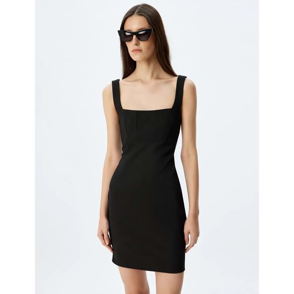 Kare Yaka Mini Elbise 5SAK80038EK - KOTON - SİYAH - S