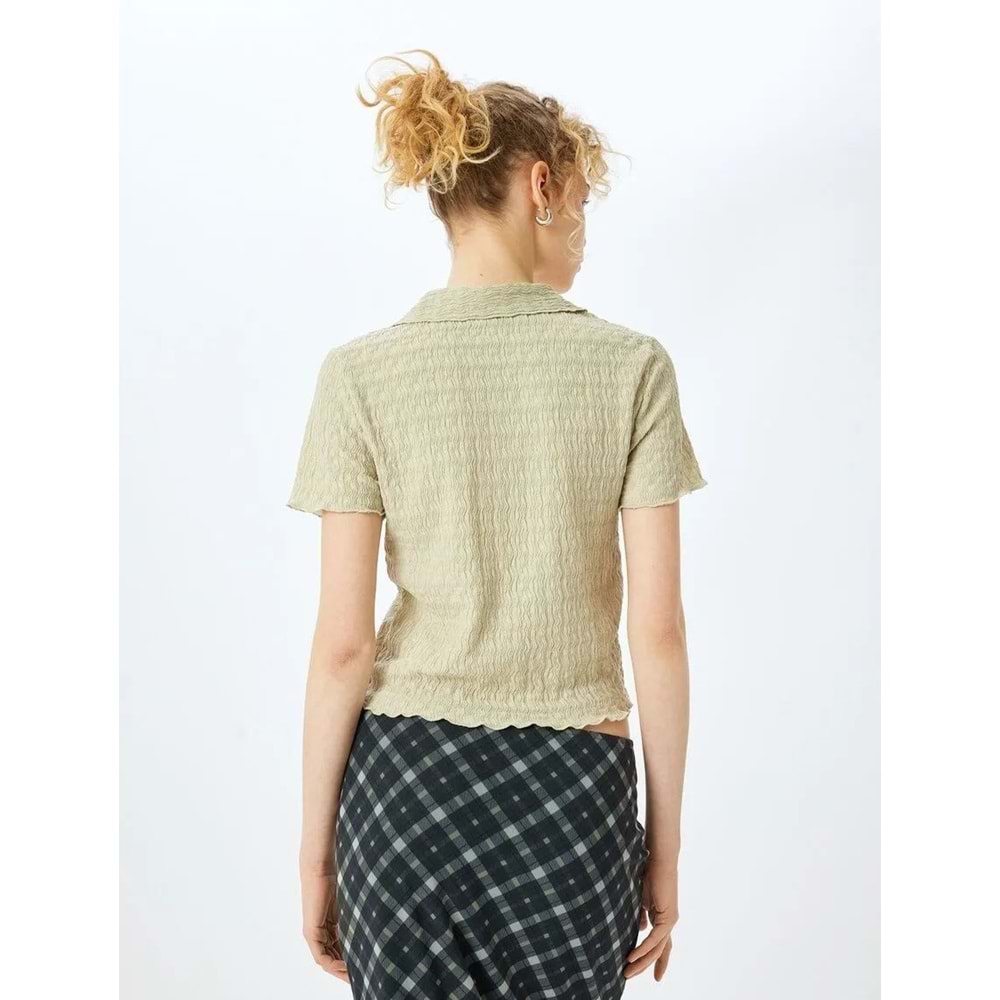 Düğmeli Gömlek Yaka Dokulu Kısa Kollu Bluz 5SAL60003IK - KOTON - YEŞİL - XS