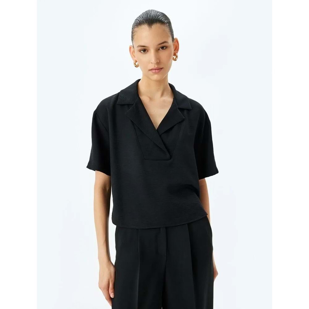 Polo Yaka Bluz - KOTON - SİYAH - 40