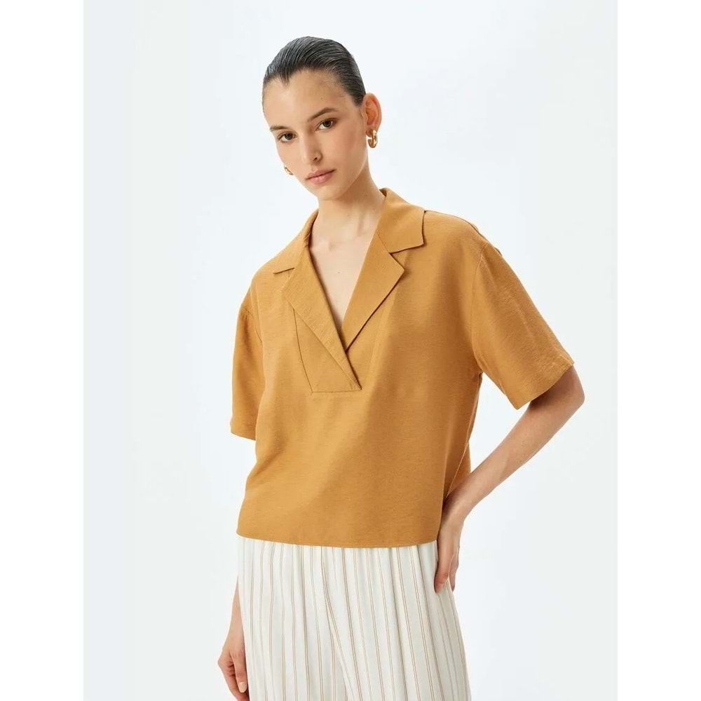 Polo Yaka Bluz 5SAK60108UW - KOTON - KAHVERENGİ - 44