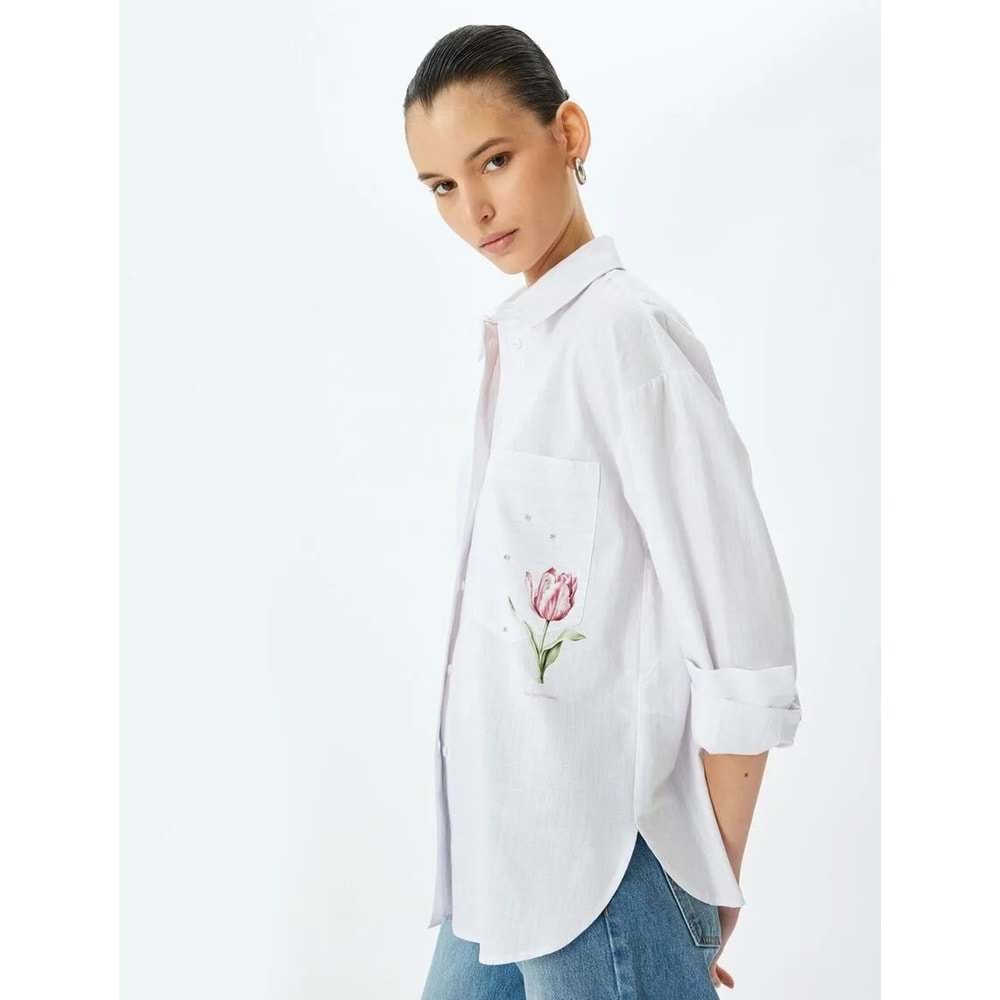 Taşlı Oversize Gömlek 5SAK60198UW - KOTON - PEMBE - 34