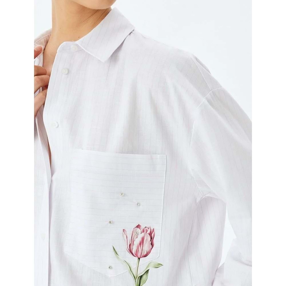 Taşlı Oversize Gömlek 5SAK60198UW - KOTON - PEMBE - 34