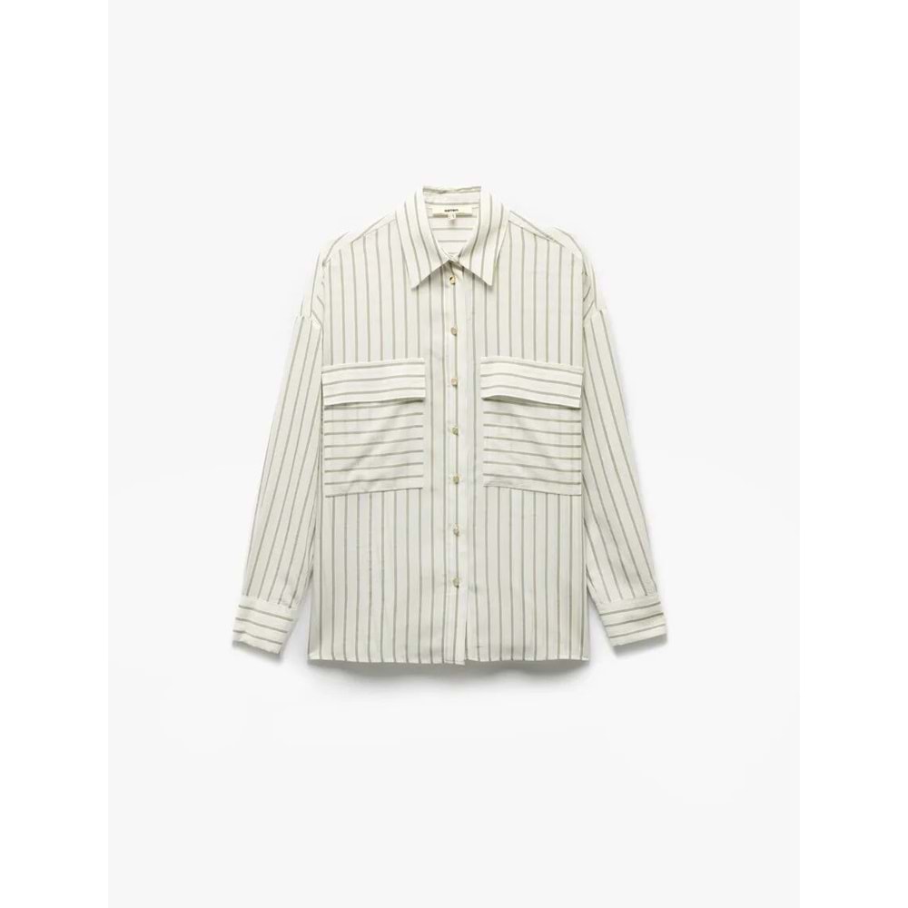 Uzun Kollu Çizgili Gömlek 5SAK60284PW - KOTON - HAKİ ÇİZGİLİ - 38