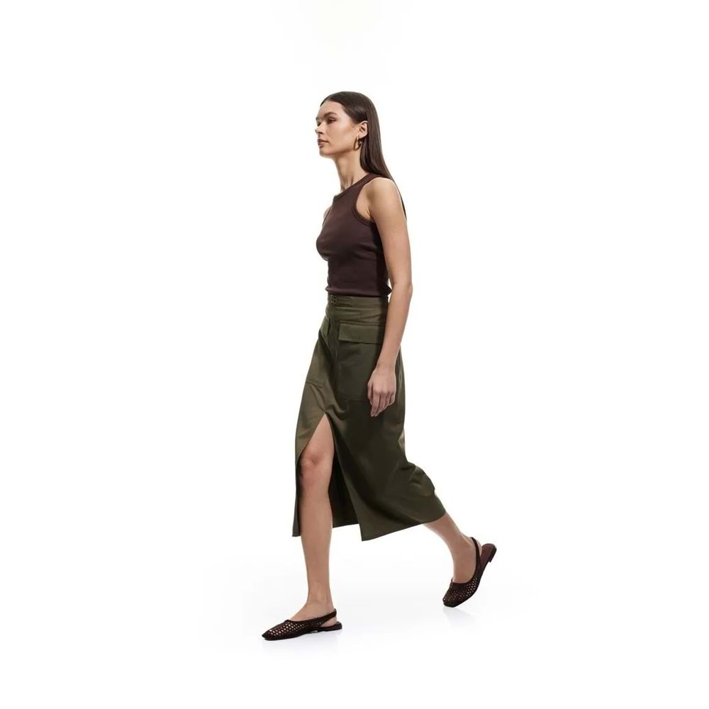 Gabardin Kumaş Yırtmaçlı Midi Kalem Etek 5SAK70146PW - KOTON - HAKİ - 34