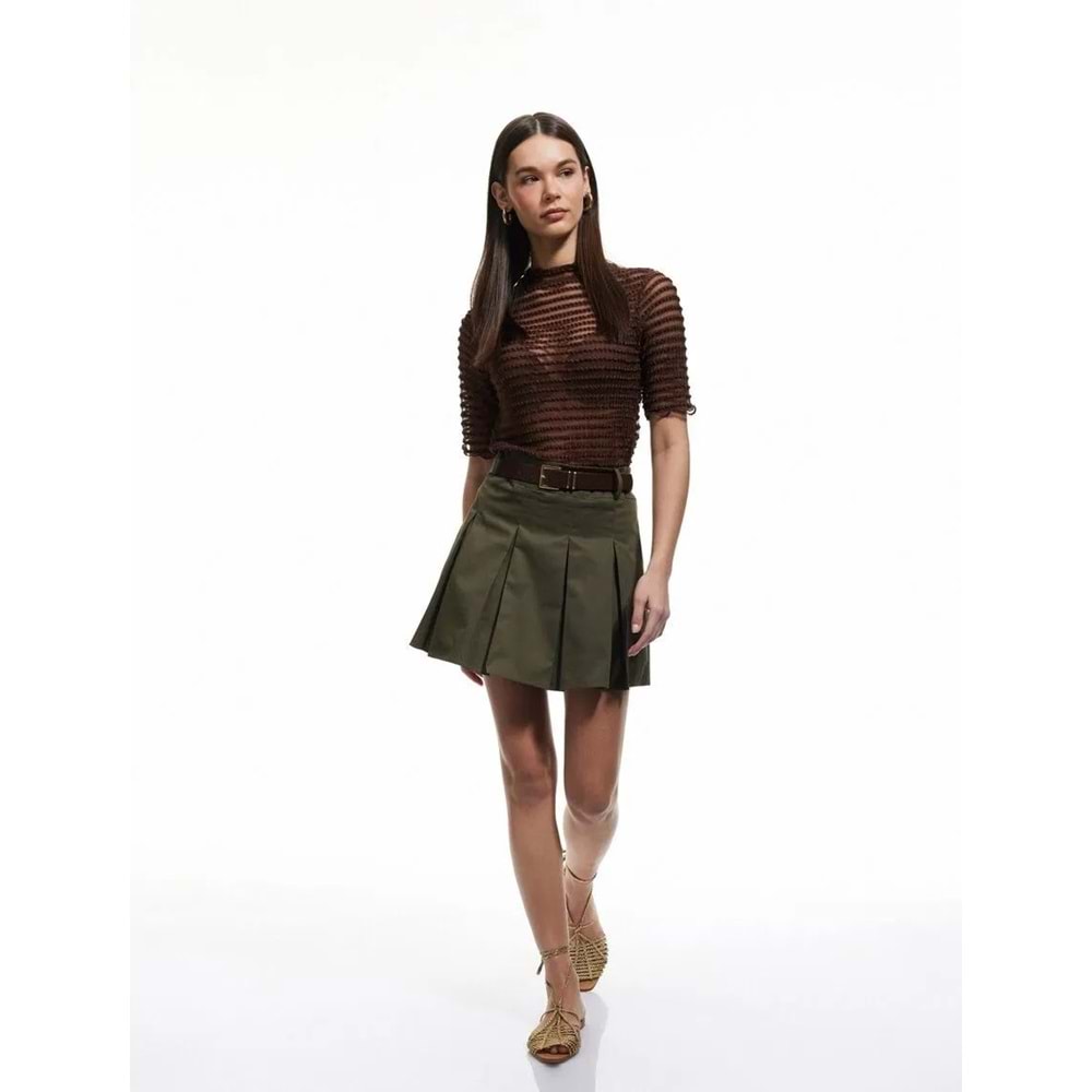 Pamuklu Gabardin Kumaş Kemer Detaylı Mini Pileli Etek 5SAK70144PW - KOTON - HAKİ - 38