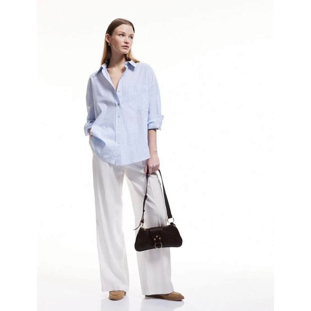 Çizgili Oversize Gömlek 5SAK60056UW - KOTON - LACİVERT - 40