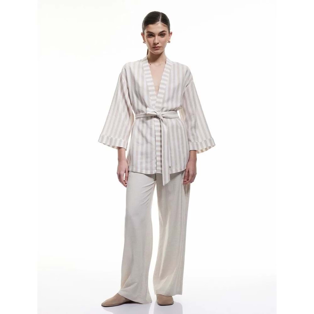 Beli Kuşak Detaylı Kruvaze Viskon Keten Kimono Ceket - KOTON - BEJ ÇİZGİLİ - 42