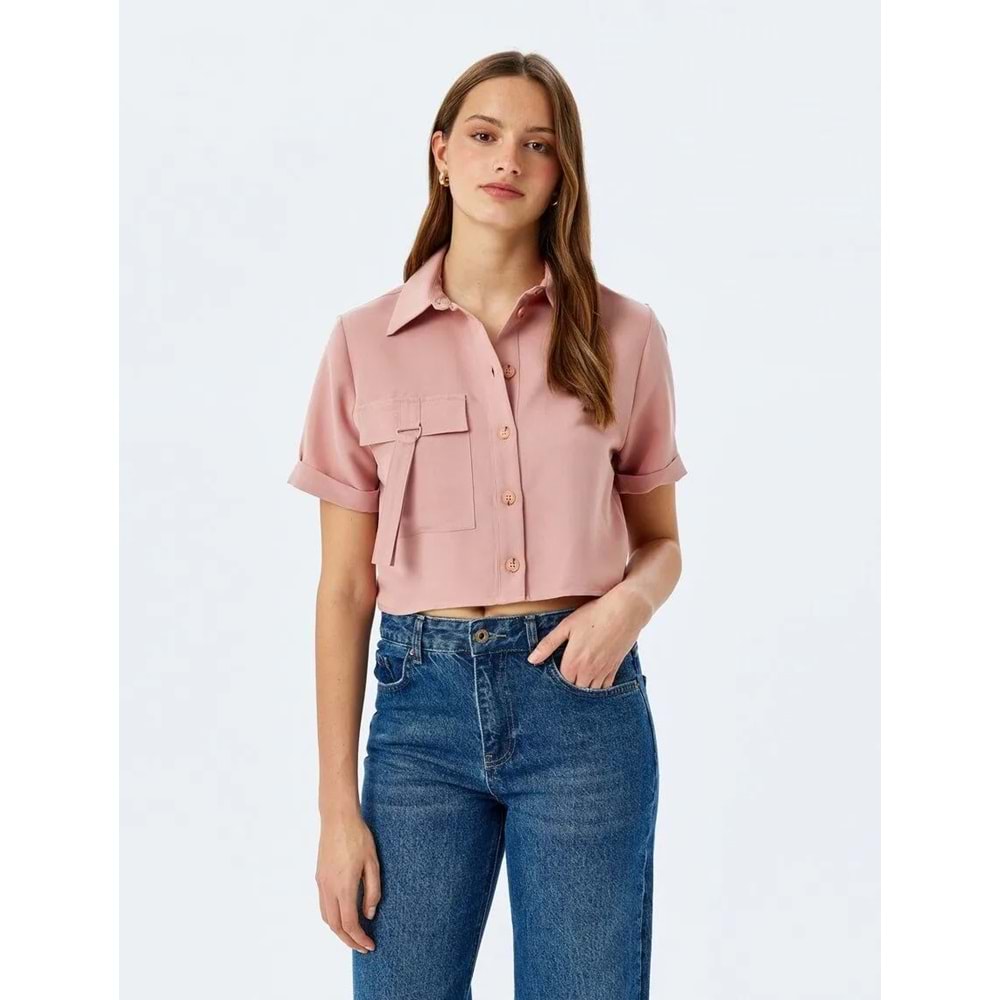 Kısa Kollu Cep Detaylı Crop Gömlek 5SAK60261PW - KOTON - PEMBE - 42
