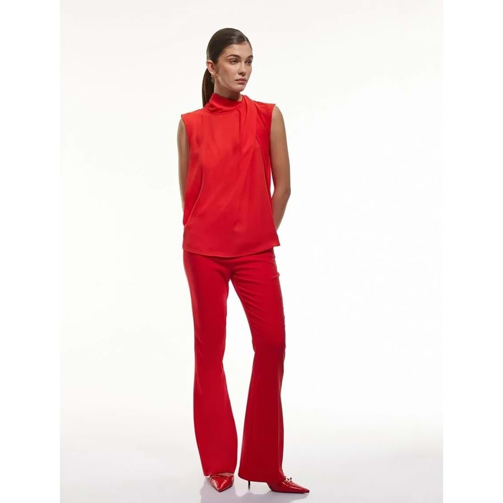 Dik Yaka Kolsuz Krep Bluz 5SAK60275UW - KOTON - KIRMIZI - 40