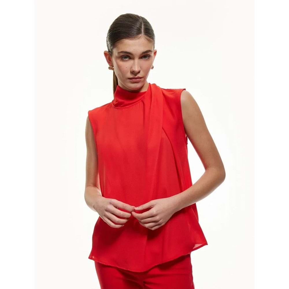 Dik Yaka Kolsuz Krep Bluz 5SAK60275UW - KOTON - KIRMIZI - 42