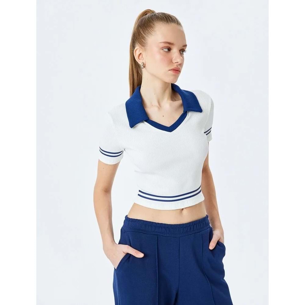 Polo Yaka Biyeli Crop Tişört 5SAL10183IK - KOTON - EKRU - S