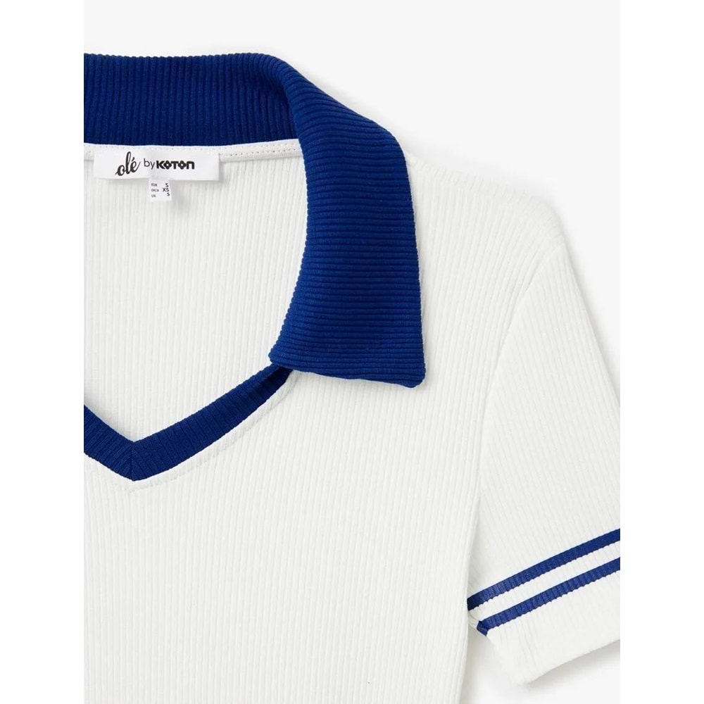 Polo Yaka Biyeli Crop Tişört 5SAL10183IK - KOTON - EKRU - S