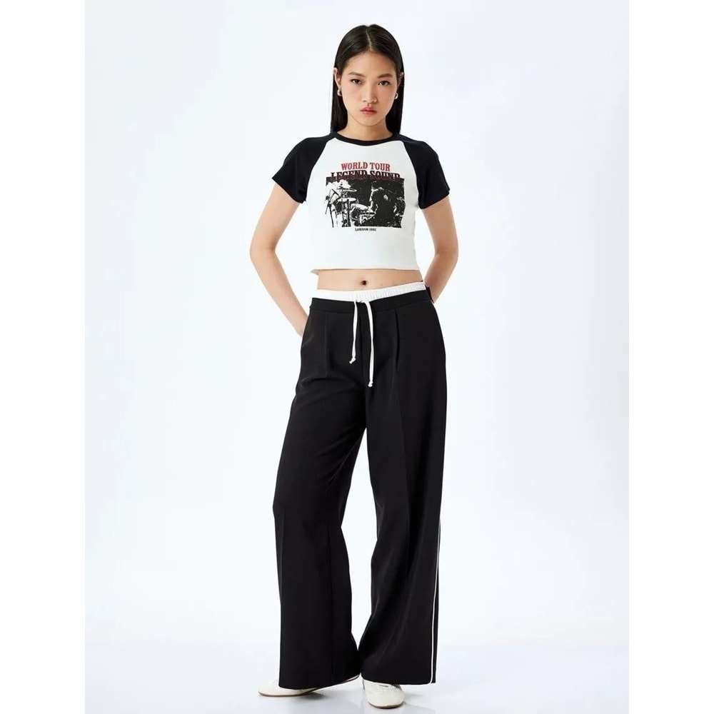 Baskılı Kısa Kollu Bisiklet Yaka Slim Fit Crop Tişört 5SAL10098IK - KOTON - EKRU - L