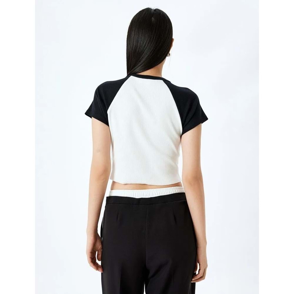 Baskılı Kısa Kollu Bisiklet Yaka Slim Fit Crop Tişört 5SAL10098IK - KOTON - EKRU - M