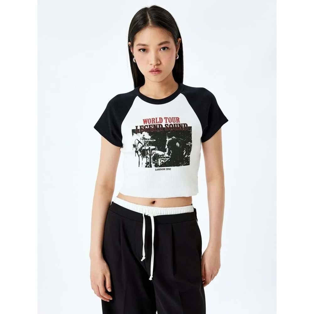 Baskılı Kısa Kollu Bisiklet Yaka Slim Fit Crop Tişört 5SAL10098IK - KOTON - EKRU - M
