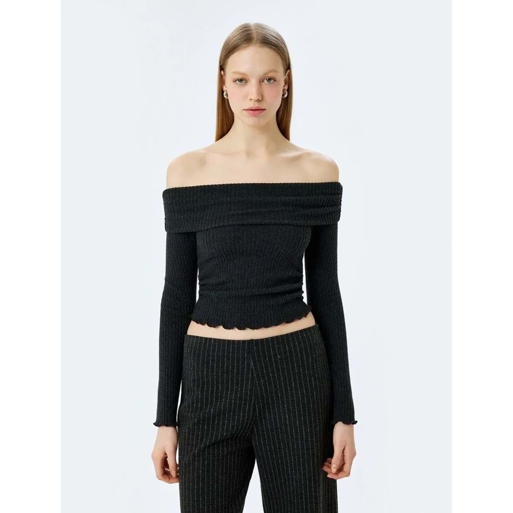 Omuzu Açık Slim Fit Uzun Kollu Tişört 5SAL10588IK - KOTON - ANTRASİT - M
