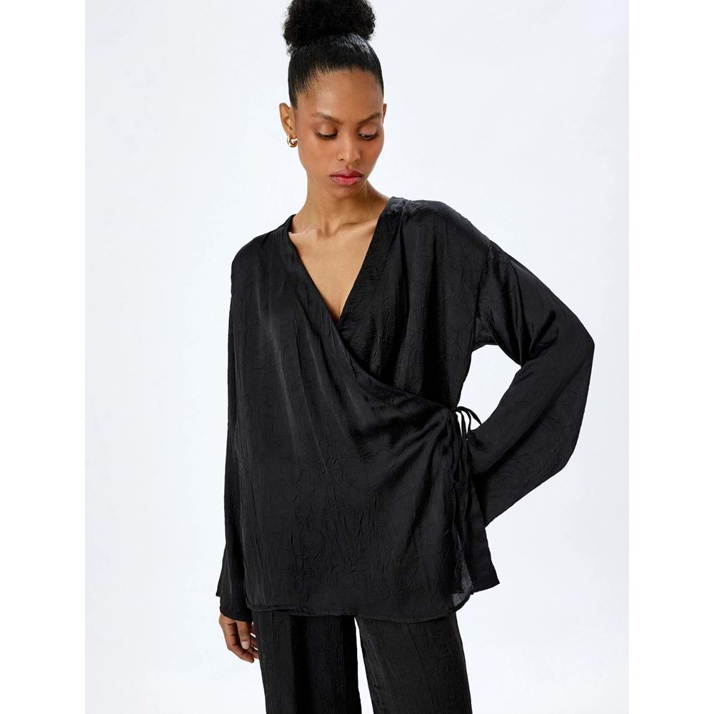 Kruvaze Saten Kimono Ceket 5SAK50062UW - KOTON - SİYAH - 40