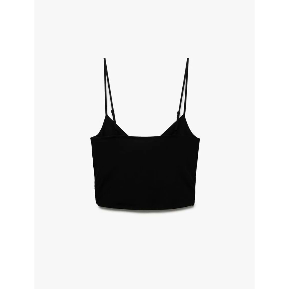 Skinny Fit Drapeli V Yaka İnce Askılı Bluz 5SAK10035EK - KOTON - SİYAH - L