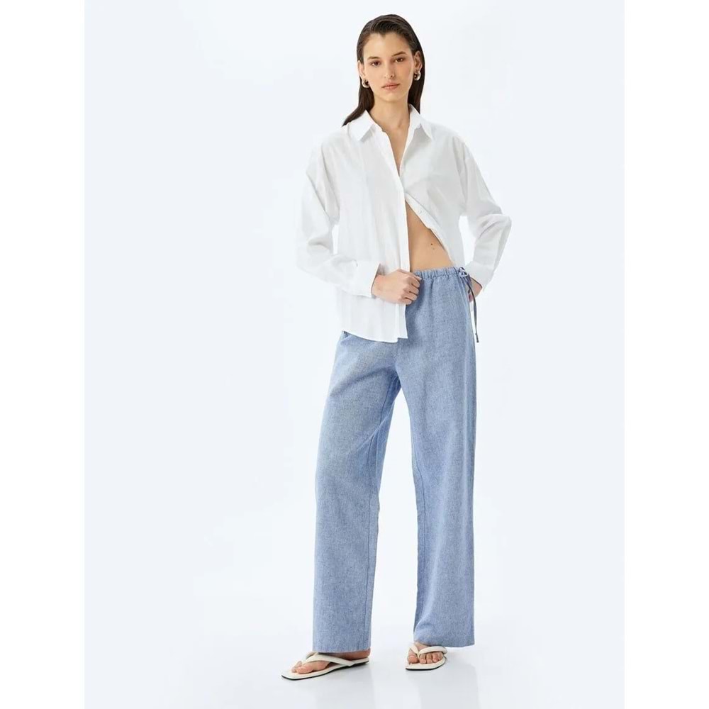 Bağlama Detaylı Cepli Bol Paça Keten Pantolon 5SAK40223PW - KOTON - ORTA İNDİGO - 36