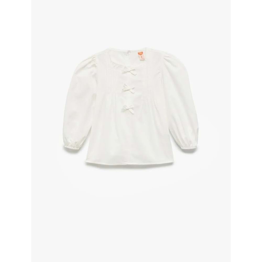 Kız Bebek Pamuklu Kurdele Detaylı Uzun Kollu Bisiklet Yaka Balon Kollu Bluz 5SMG60045AW - KOTON - BEYAZ - 9-12 AY