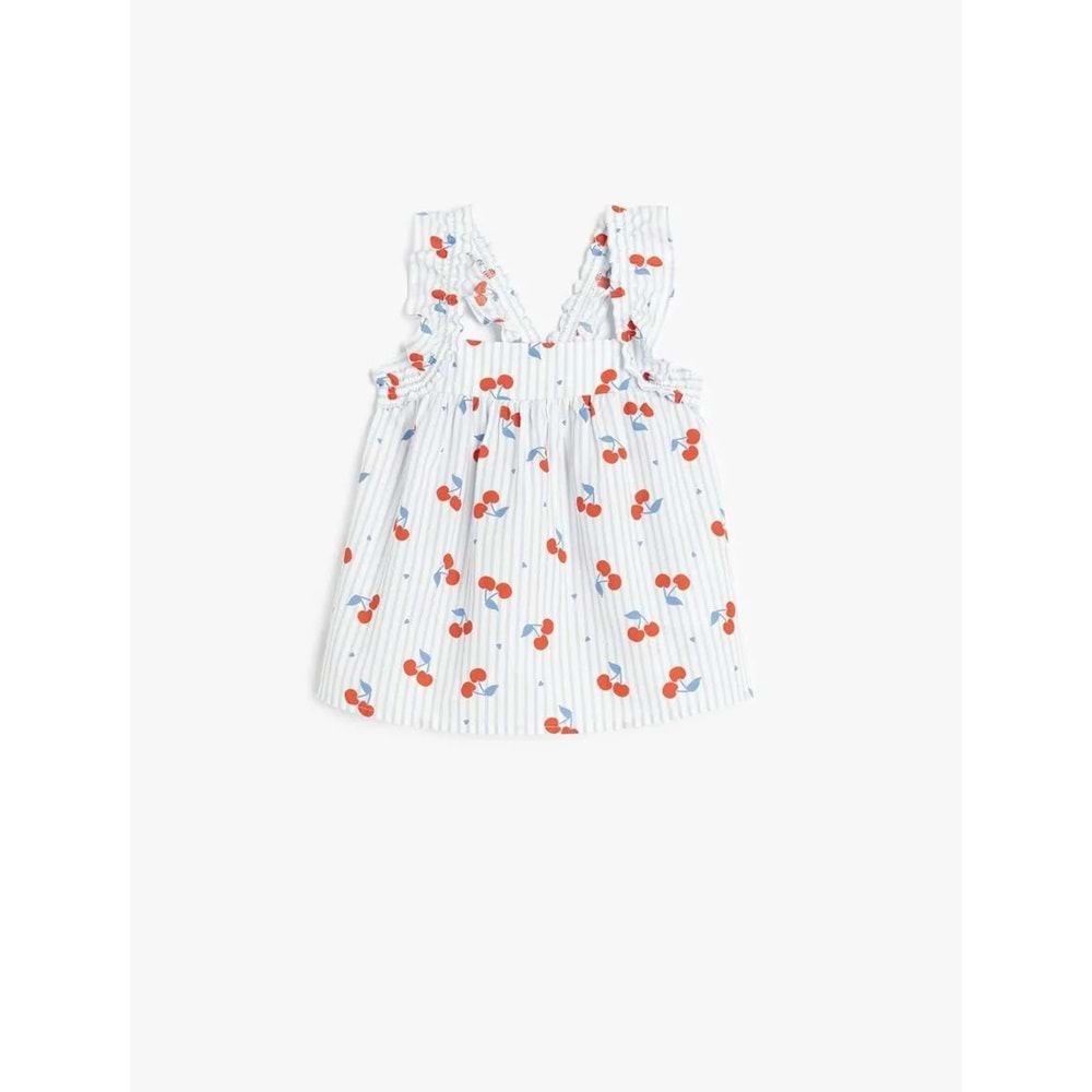 Kız Bebek Kare Yaka Fırfır Detaylı Kiraz Baskılı Pamuklu Bluz 5SMG60014AW - KOTON - MAVİ - 24-36 AY