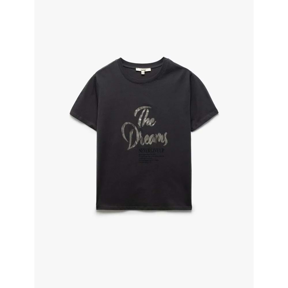 Pamuklu Kısa Kollu Bisiklet Yaka Baskılı Kadın Tişört 5SAK50121EK