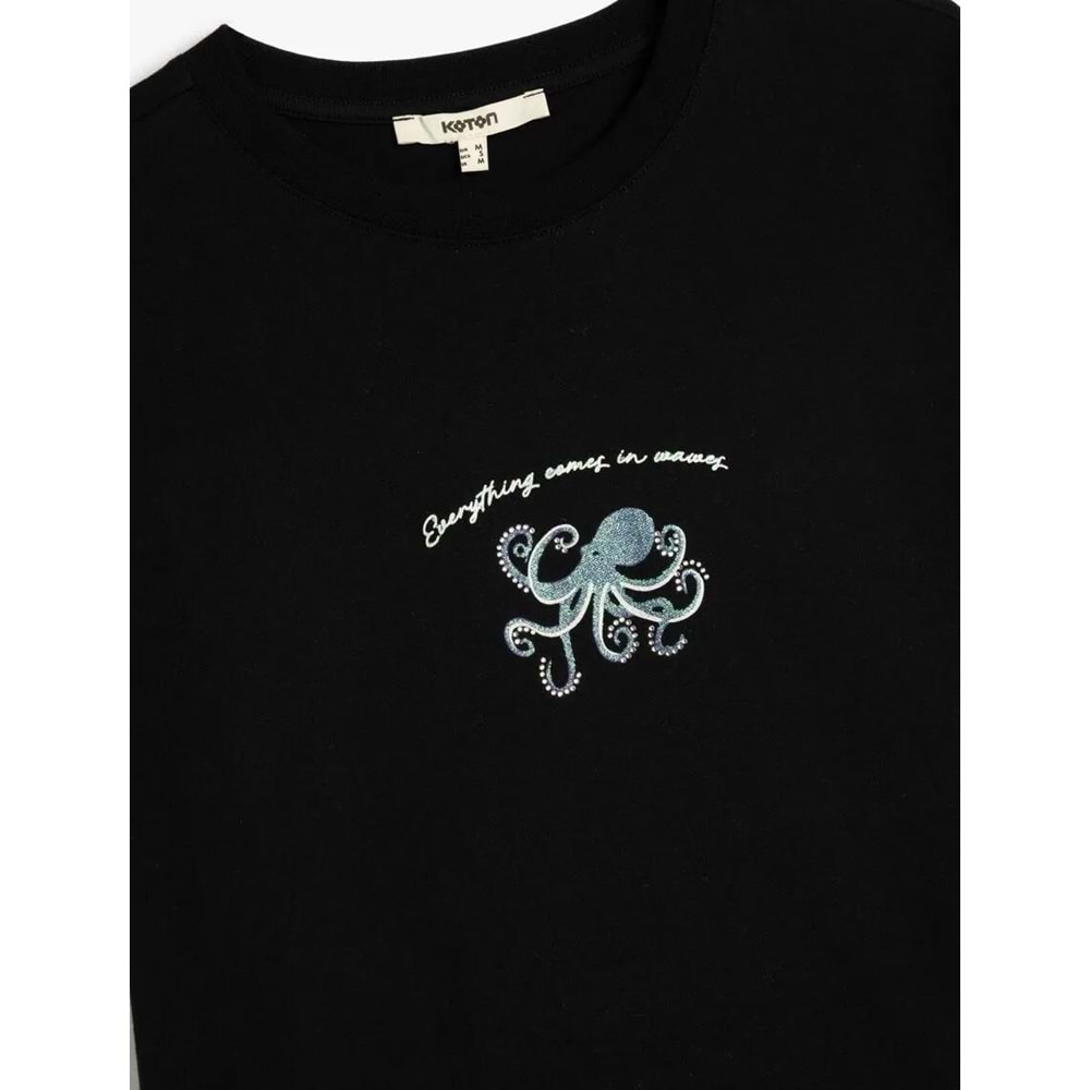 Bisiklet Yaka Kısa Kollu Pamuklu Baskılı Tişört 5SAK50179EK - KOTON - SİYAH - S