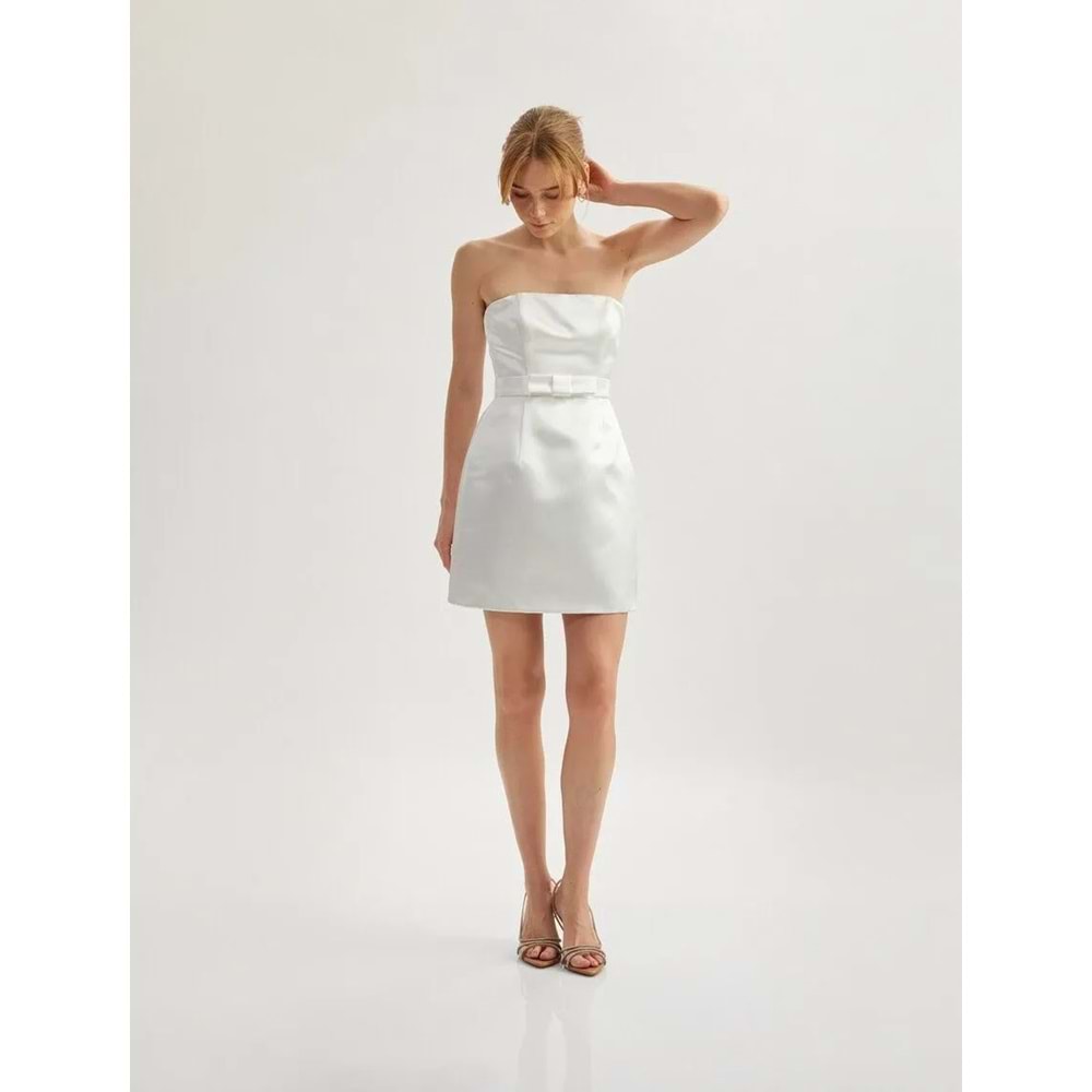 Straplez Mini Slim Fit Fiyonklu A Kesim Saten Elbise 5SAK80007FW - KOTON - BEYAZ - 34
