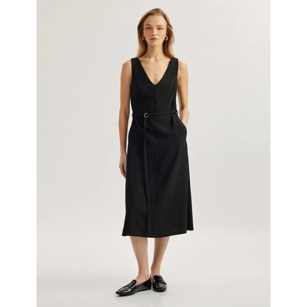 Krep Kumaş Kemerli Slim Fit Midi Boy V Yaka Elbise 5SAK80138UW - KOTON - SİYAH - 38
