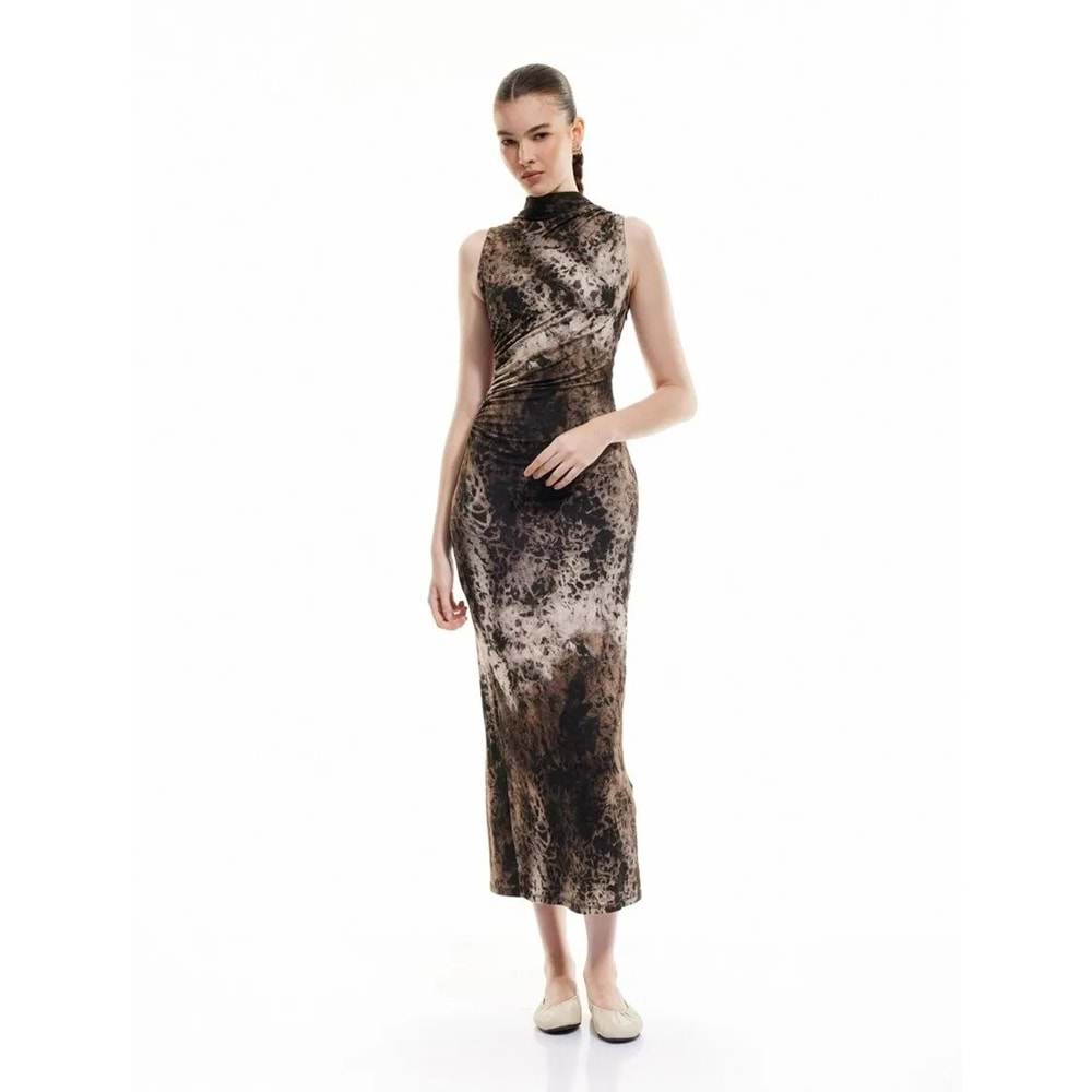 Drape Detaylı Yırtmaçlı Kolsuz Uzun Viskon Leopar Elbise 5SAK80299EK - KOTON - KAHVERENGİ - S