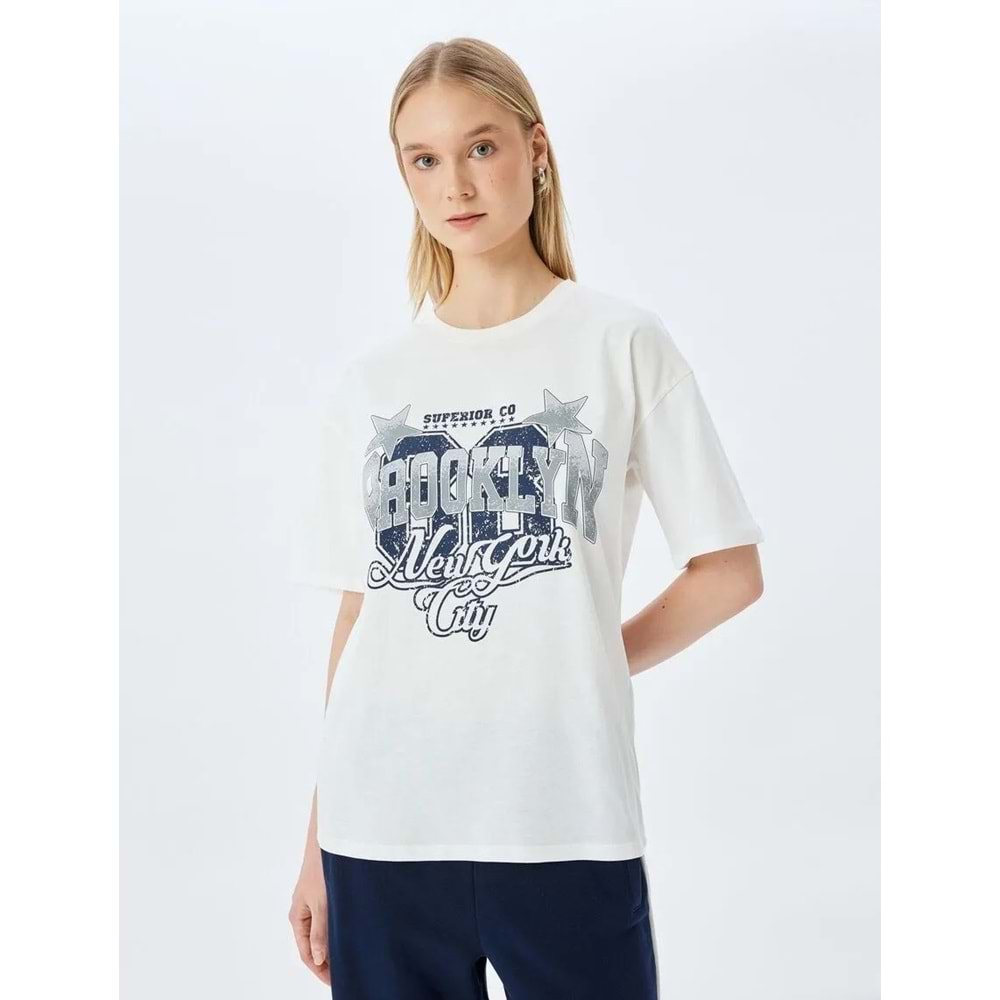 Kolej Baskılı Bisiklet Yaka Kısa Kollu Rahat Kalıp Tişört 5SAL10038IK - KOTON - EKRU - S