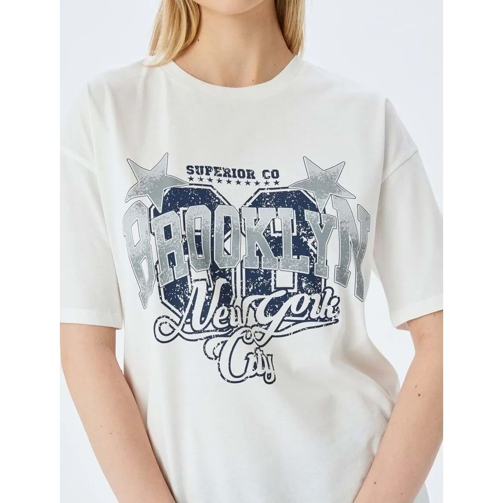 Kolej Baskılı Bisiklet Yaka Kısa Kollu Rahat Kalıp Tişört 5SAL10038IK - KOTON - EKRU - S