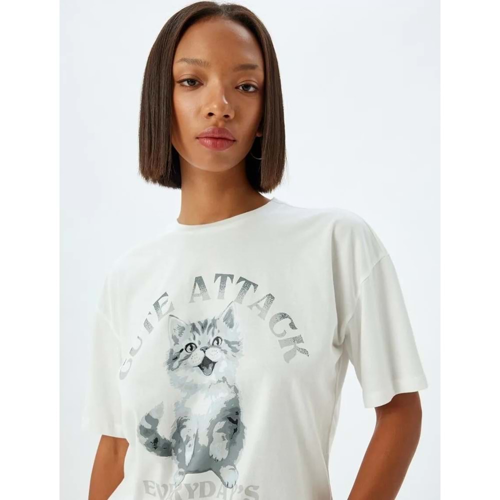 Oversize Tişört Kedi Baskılı Bisiklet Yaka Kısa Kollu Pamuklu 5SAL10132IK