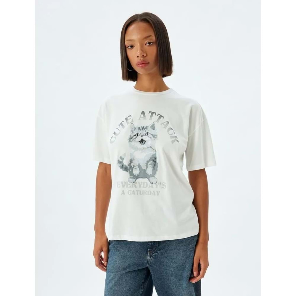 Oversize Tişört Kedi Baskılı Bisiklet Yaka Kısa Kollu Pamuklu 5SAL10132IK