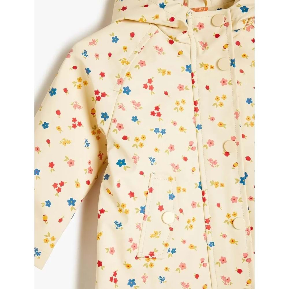 Kız Bebek Çiçek Desenli Uzun Kollu Cep Detaylı Kapşonlu Yağmurluk 5SMG20002AW - KOTON - EKRU - 18-24 AY