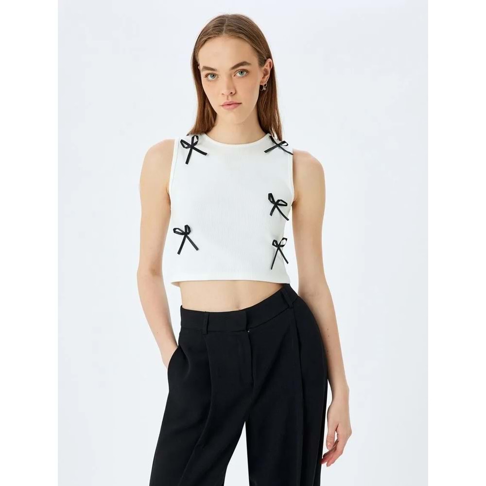 Fiyonklu Bisiklet Yaka Kolsuz Crop Üst 5SAL30063IK - KOTON - EKRU - XS