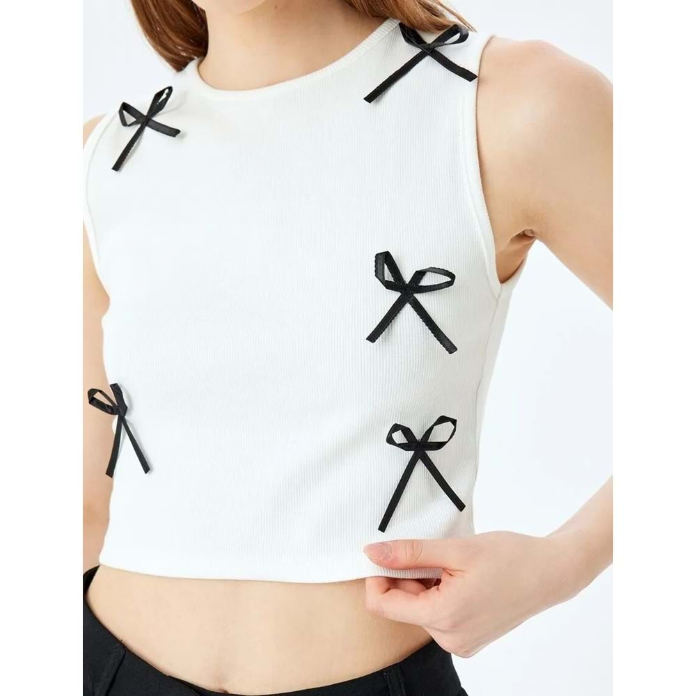 Fiyonklu Bisiklet Yaka Kolsuz Crop Üst 5SAL30063IK - KOTON - EKRU - XS