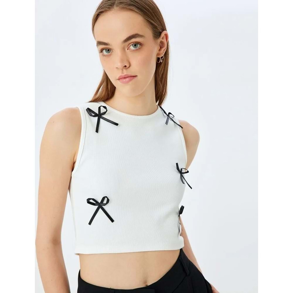 Fiyonklu Bisiklet Yaka Kolsuz Crop Üst 5SAL30063IK - KOTON - EKRU - XS