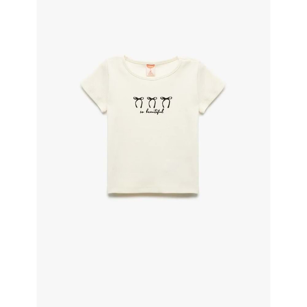 Kız Bebek Bisiklet Yaka Kısa Kollu Pamuklu Kurdele Nakışlı Tişört 5SMG10103AK - KOTON - BEJ - 9-12 AY