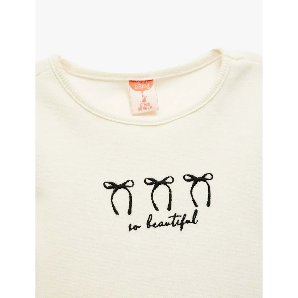 Kız Bebek Bisiklet Yaka Kısa Kollu Pamuklu Kurdele Nakışlı Tişört 5SMG10103AK - KOTON - BEJ - 9-12 AY