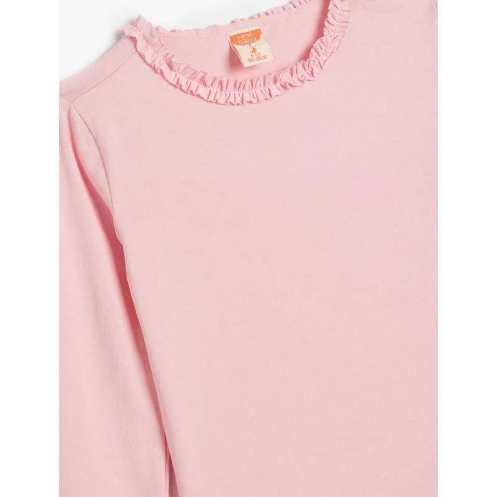Kız Bebek Basic Tişört Uzun Kollu Fırfır Detaylı Bisiklet Yaka Pamuklu 5SMG10045AK - KOTON - PEMBE - 9-12 AY