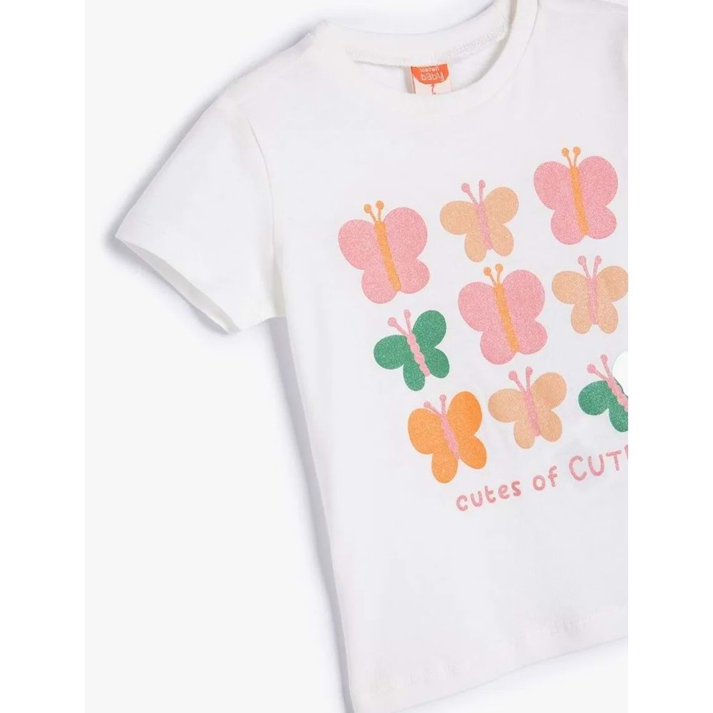 Kız Bebek Kelebek Baskılı Bisiklet Yaka Kısa Kollu Pamuklu Tişört 5SMG10026AK - KOTON - EKRU - 9-12 AY