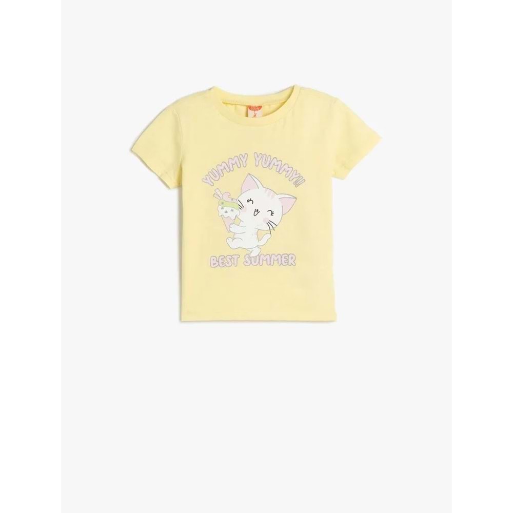 Kız Bebek Pamuklu Bisiklet Yaka Kedi Baskılı Kısa Kollu Tişört 5SMG10024AK - KOTON - SARI - 9-12 AY